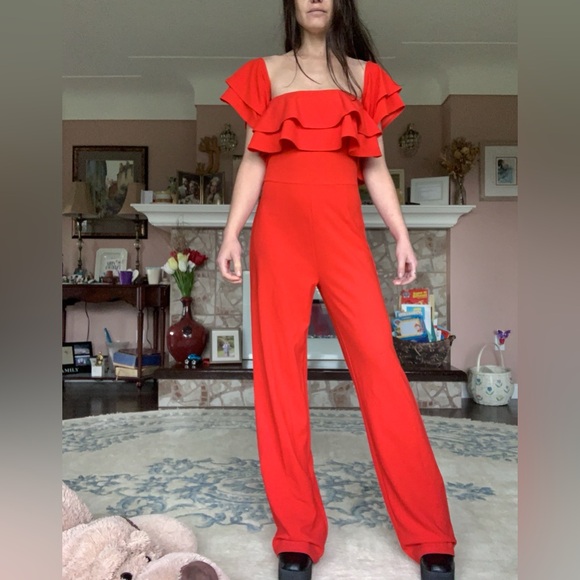 Revamped Coral Red Ruffled Jumpsuit - Picture 9 of 13